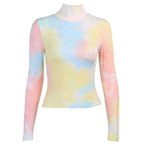 Kvinnor långärmad Turtleneck skjorta söt färgglad tie-dye tryckt pullover toppar ribbed bodycon vintage 90s streetwear kvinnor tröjor