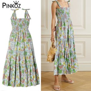 Celerity Runway Forest Animal Print Green Maxi Dress Summer Women's Bow tie Strap High Elastic Waist Long Dresses za 210421