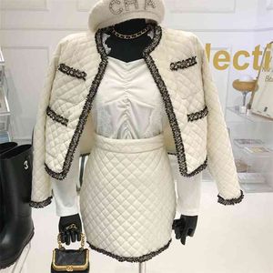 Vinter elegant mode kjol kostym argyle paneled 2 stycke set kvinnor kort jacka päls + hög midja två outfits 210514