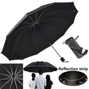 12 ósso dobrável guarda-chuva à prova de vento com noite reflexiva mulheres à prova chuva mulheres homens grandes viagens ao ar livre chuva guarda-chuvas homens parasol 210401