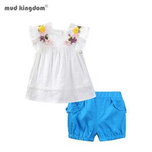 Mudkingdom Cute Summer Girls Outfits 3D Flowers Ruffled Tassel Sleeveless Tops and Linen Short Set for Clothes Suit 210615
