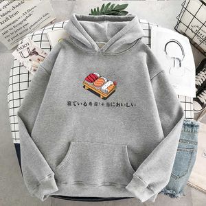 Japansk sushi print brev söt casual ins vinter långärmad kvinna lös plus storlek vintage harajuku hooded sweatshirt 210608