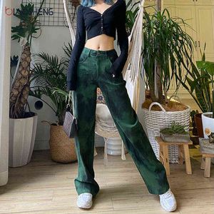 Green Jeans Women High Waist Mom Flared Fashion Loose Straight Pants Long Streetwear Y2k Denim Trousers 211129