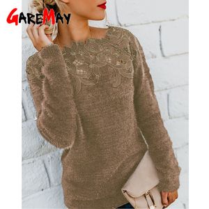 Överdimensionerad tröja kvinnor vinter tjock spets krage stickad topp kvinnlig casual mjuk fleece varma fluffiga pullover damer 210428