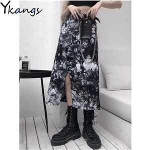 Graffiti Unregelmäßige Hip Hop Cargo Rock Frauen Streetwear Punk Schwarz Hohe Taille Koreanische Mode Harajuku Gothic Long Saia 210421