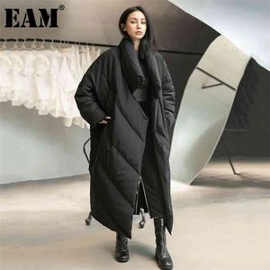 [EAM]ルーズフィットブラックロングダウンジャケットスタンドカラー長袖暖かい女性パーカーファッション秋冬1DD1640 210819