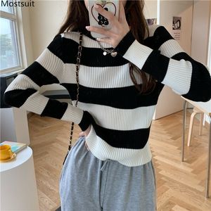 Wiosna Jesienna Kobiety Luźne Paski Sweter Mody Ladies Bluzy Długi Rękaw O-Neck Dzianiny Pullover Topy Koreański 210518