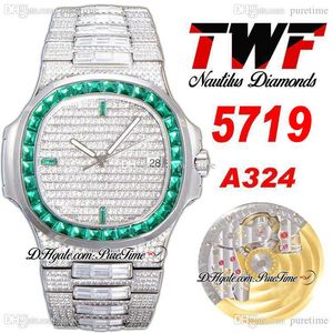 2022 TWF 5719 A324 Automatic Mens Watch Green Diamonds Bezel Paved Diamond Stick Dial And Fully Iced Out Bracelet Super Edition Jewelry Watches Puretime F6
