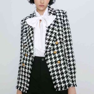 Stylish Houndstooth Double Breasted Blazer Coat Women Autumn Fashion Long Sleeve Frayed Trims Outerwear Chic Plaid Tops 210430