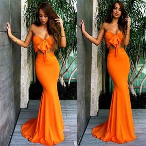 Zweiteiliges Set Sommerkleid Frauen Orange Trägerlose Maxikleider Bodenlänge Plus Size Sexy Beach Wear Boho Style Outfits 210331