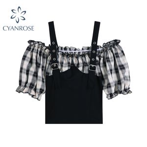 Koreański Streetwear Plaid Krótki Rękaw Wommen Comisole Bluzki Slash Neck Black Skinny Vevts Lato Nowe Fake Dwuczęściowe Topy 210417