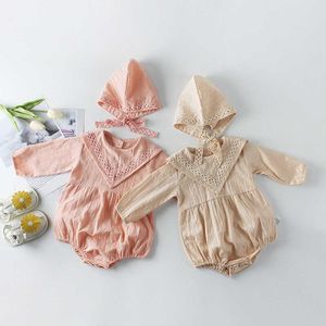 born Baby Clothes Cute Princess 1st Birthday Baby Girl Bodysuits Hat Set Long Sleeve Cotton Lace Infant Jumpsuit Pink Beige 210713