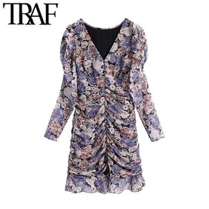 Women Chic Fashion Floral Print Ruffled Pleated Mini Dress Vintage Long Sleeve With Lining Female Dresses Vestidos 210507