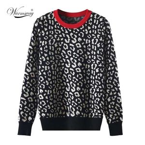 Outono inverno mulheres blusas leopardo tricotada pulôvers de manga comprida contraste cor crewneck jumpers sweter mujer c- 026 211011