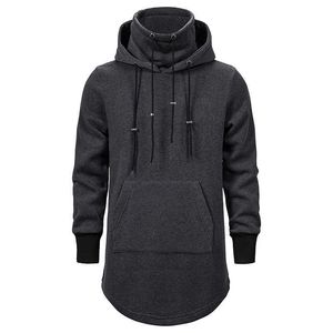 2020 New Men Slim Long section High collar Hooded Sweatshirt Man Extend Curved hem Solid black Cotton Casual Pullover Hoodies Y0804