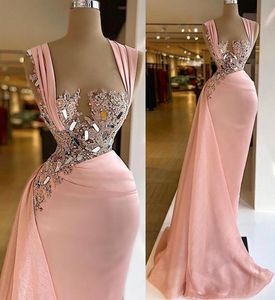 2022 Plus Size Arabic Aso Ebi Pink Luxurious Sheath Prom Dresses Beaded Crystals Lace Evening Formal Party Second Reception Birthday Gowns Dress ZJ503