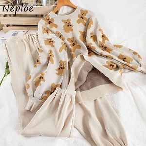 Neploe Fashion Print Knit 2 Pcs Women Set O Neck Pullover Long Sleeve Sweater + High Waist Hip Harem Pants Suit Spring 210510