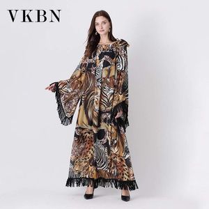 VKBN Spring and Autumn s Long Dress Women Animal Print Long Sleeve Flare Sleeve Maxi Dresses for Women O-Neck Fashion 210507