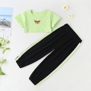 Summer Children Sets Casual Cute Short Sleeve Print Butterfly O Neck T-shirt Striped Pants Girls Clothes 2T-6T 210629