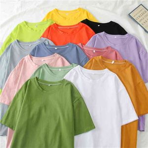 Vår sommar Kvinnor Candy T-shirt Oversize Pojkvän Style Toppar Perfekt Basic Tees Render Olined Upper Garment 210401
