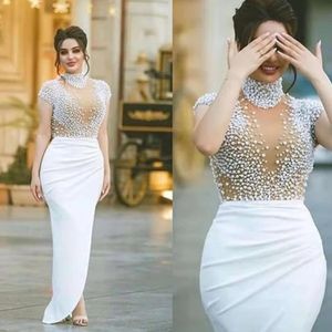 Arabic Satin Mermaid Long Evening Dresses 2020 Sheer Cap Sleeves High Neck Pearls Beaded Split Floor Length Prom Party Gowns 328 328