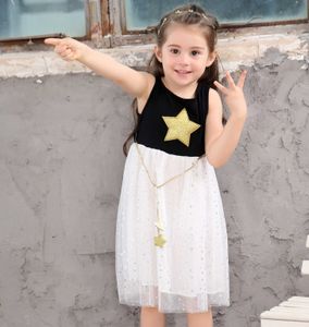 New Fashion Girls Princess Dress Stars Sequins Point Kids Kostym Stitching Grid Aftonklänningar för barn Grils Q0716