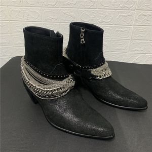 Punk tofs chain rivet wedge män äkta läder stövlar högsta handgjorda denim motorcyklar boot