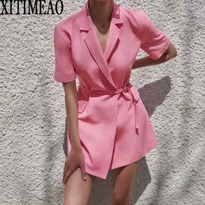 ZA المرأة الصيف أزياء الوردي الحلل قصيرة الأكمام ضئيلة اللباس معطف خمر الإناث قميص مع حزام 210602