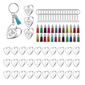 90pcs akrylskivor Klar hjärta Keychain Blanks Charms och Färgglada Tassel Key Ringar för DIY Crafts Smycken Making H0915