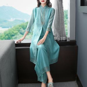 Summer 2 Pieces Chinese Vintage Sets High Quality Pretty Improved Qipao Top +Pants Loose Embroidery Female Cheongsam Two Piece Dress