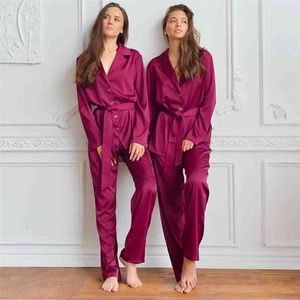 Kadınlar için Hiloc saten pijama pijama ipek saf renk uzun kollu iki parça sashes ile set kırmızı pembe giyim bahar 210830