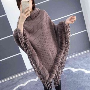 Höst och vinter imitation Mink Cape Shawl Bat Shirt Kvinna päls Storstorlek Fringed Mid-Length Sweater 210427