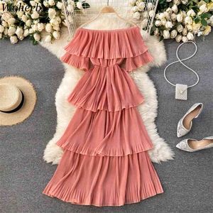 Sommar klänning kvinnor robe femme av axel elegant tårta klänningar smal midja koreanska strand stil solid vestidos mujer 210519