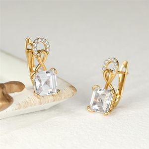 Hoop & Huggie Rose Gold Color Wedding Earrings White Zircon Square Stone Female Luxury Crystal For Women Bridal Jewelry