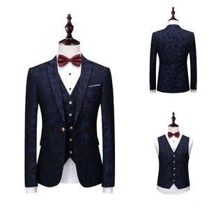 Üç adet Erkekler Takım Elbise Iş Casual Suit Lacivert Desen Slim Fit Damat Parti Ceket Tasarlanmış İş Giyim