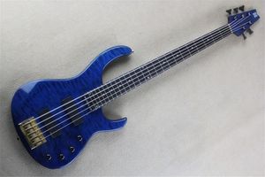 5 strängar Blue Body Electric Bass Guitar med lönnfaner, gyllene hårdvara, 2 pickup, kan anpassas