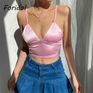 Foridol Sexy Rhinestone Satin Crop Top Camis Kobiety Summer Beach Boho Camis Topy Vintage Backless Bluzki Koszulki Tops Kobieta 210415