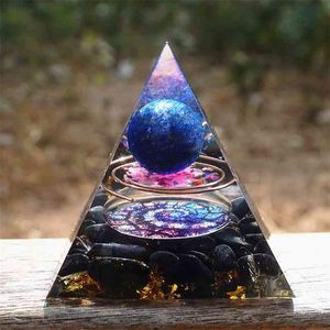 Orgonite Pyramid 60mm Sfera di cristallo ametista con ossidiana Cristal naturale Pietra Orgone Energy Healing Reiki Chakra Home Decor 210727