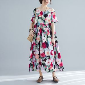 유행 느슨한 캐주얼 여성 드레스 여름 반팔 여성 드레스 210521의 조각 스타일 면화 꽃 한국어 버전
