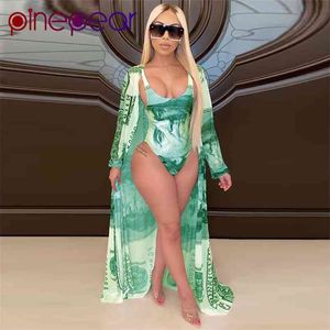 PinePear Women Money Print Bodycon Bodysuit+Cover Up 2 Piece Swim Suit Bikini Set Swimsuit Female Swimwear Push Bathing 210722