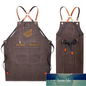 Förkläden Canvas Matlagning Kök Förkläde För Kvinna Män Kock Servitör Cafe Shop BBQ Frisör Leather Custom Gift Bibs Partihandel1 Fabrikspris Expert Design Kvalitet