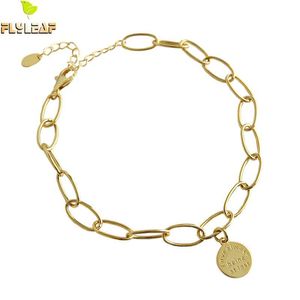 Flyleaf Gold Geometric Chain Letter Round Tag 925 Sterling Silver Anklets For Women cute Girl Ankle Leg Fine Jewelry Enkelbandje