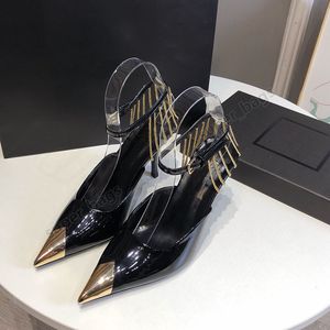 Saint Laurent Sling Blended Tweed Chain Stiletto Saltos Sandálias YSL HSL Heel Mulheres sapatos 34 a 41