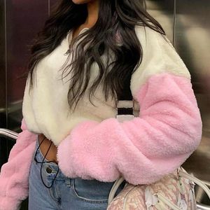 Women Sweters moda zimowa polar y2k crop top kobiety harajuku kawaii różowe swobodne zamek błyskawiczny kolor kontrastowy bluza żeńska pullov