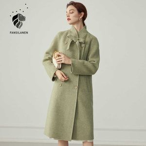 Fansilanen grön lång 90% ullrock kvinnor bågebandage överdimensionerad jacka vintage kvinnlig ullblandning vinter över 210607