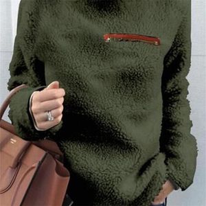 Kvinnor Sweatshirts Höst Vinter Top Långärmad Plysch Varm Pullover Tunika Kvinna Rosa Ladies Kläder Zipper Streetwear 210607