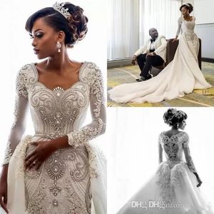 Luxury Bridal Gowns Crystal Beading Bröllopsklänningar Med Avtagbar Tåg Scoop Arabic Dubai Vestidos de Novia Custom Made Robe de Marie 2022