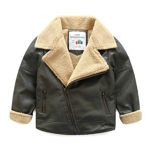 Winter Warm Fashion 3-8 10 12 Years Teenage Black Faux Leather Kids Baby Boys Plus Velet Thickening Leather Jacket Outwear 210701