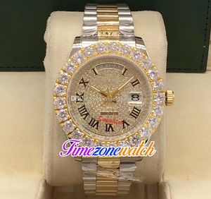 44mm Dag Datum A2813 Automatisk Mens Watch Big Diamond Bezel Gypsophila Dial Rom Markörer Två Tone Gul Guld Stål Armband Klockor TimeZoneWatch E16A1