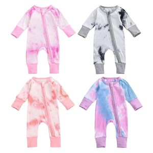 Jumpsuits 2021 Baby Vår Höstkläder Spädbarn Bornflickor Pojkar Ribbed Slips Dye Romper Långärmad Zipper Playsuits